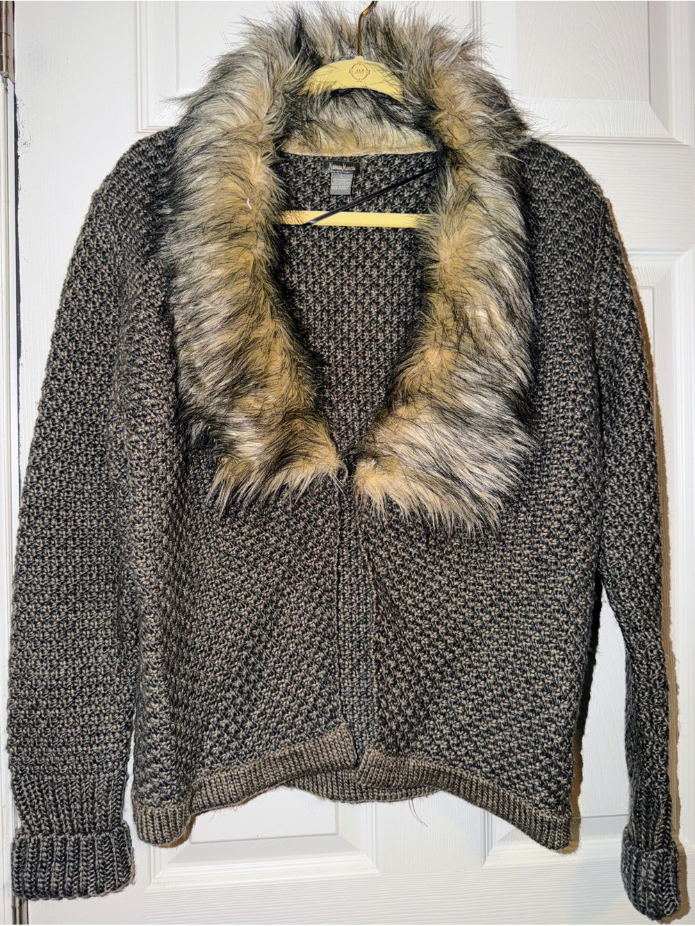 Neiman Marcus Brown Knit Cardigan with Faux-Fur Collar
